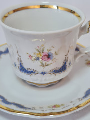 Чайная пара винтажная Mitterteich Bavaria, белый фарфор с ярко-синим цветочным декором и позолотой, 8,5 x 6 см /12 см, Германия, 1960-70гг.