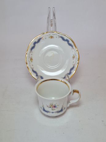 Чайная пара винтажная Mitterteich Bavaria, белый фарфор с ярко-синим цветочным декором и позолотой, 8,5 x 6 см /12 см, Германия, 1960-70гг.