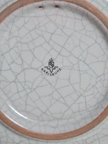 Тарелка декоративная винтажная Karlsruhe / Majolika с кракелюром "Sangerbund 1868", ручная роспись, керамика, 19 см, Германия, 1993г.