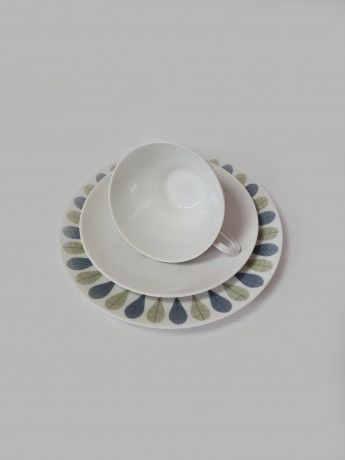 Thomas Винтажное чайное  фарфоровое трио "Листья" в зелено-синих тонах, Германия, 1960-70гг.