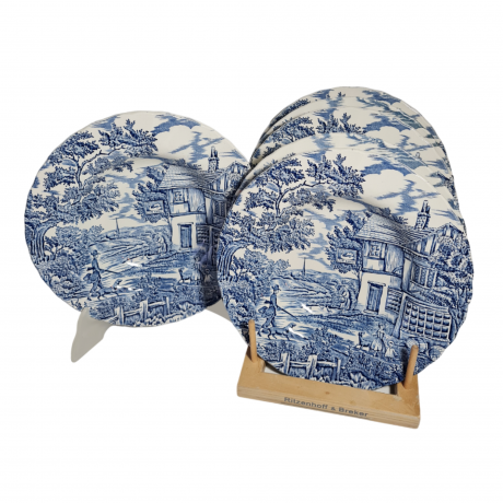 Тарелки винтажные Myott / Коллекция "The Huter" в сине-белых тонах, 6 шт., 23 см, фарфор, Англия, 1982 год.