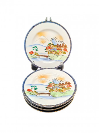 Набор винтажных тарелок, в сине-белых тонах, с традиционным японским сюжетом, 6 шт., фарфор, 15.5 см, Япония, 1970-80гг.