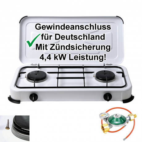 BlueCraft BlueCraft Gaskocher, 2-flammig inkl. Manometerregler 50mbar und Gasschlauch 100 cm  Газовая плита BlueCraft, 2 пламени, включая манометр-регулятор 50 мбар и газовый шланг 100 см.