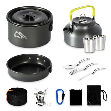 MSports MSports Gaskocher Camping Kochset 11-teilig Kochgeschirr Set Outdoor aus Aluminium Geschirr Set, Kochtopf Topf  Pfanne  Газовая плита MSports Набор для приготовления пищи в кемпинге Набор посуды из 11 предметов на открытом воздухе Набор посуды из 