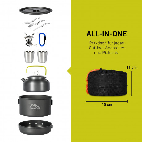 MSports MSports Gaskocher Camping Kochset 11-teilig Kochgeschirr Set Outdoor aus Aluminium Geschirr Set, Kochtopf Topf  Pfanne  Газовая плита MSports Набор для приготовления пищи в кемпинге Набор посуды из 11 предметов на открытом воздухе Набор посуды из 