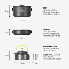 MSports MSports Gaskocher Camping Kochset 11-teilig Kochgeschirr Set Outdoor aus Aluminium Geschirr Set, Kochtopf Topf  Pfanne  Газовая плита MSports Набор для приготовления пищи в кемпинге Набор посуды из 11 предметов на открытом воздухе Набор посуды из 