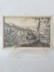 Картина винтажная "Вид на замок и город Гейдельберг", переплетная мастерская Альберт Вюрх Людвигсбург, 27,5 x 19 см, деревянная рама, Германия, 1950-60гг.