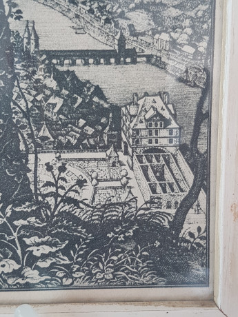 Картина винтажная "Вид на замок и город Гейдельберг", переплетная мастерская Альберт Вюрх Людвигсбург, 27,5 x 19 см, деревянная рама, Германия, 1950-60гг.