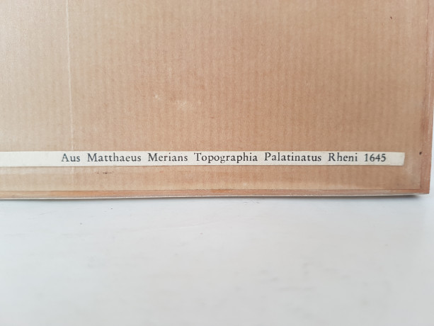 Картина винтажная "Вид на замок и город Гейдельберг", переплетная мастерская Альберт Вюрх Людвигсбург, 27,5 x 19 см, деревянная рама, Германия, 1950-60гг.