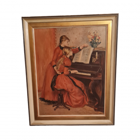 Картина винтажная K.Ferd.Heckel "Девушка и учительница игры на фортепиано", в деревянной раме, 67 x 55 см, Германия, 1960-1970гг.