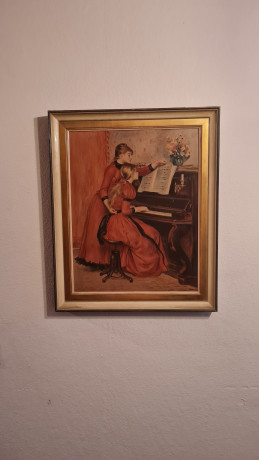 Картина винтажная K.Ferd.Heckel "Девушка и учительница игры на фортепиано", в деревянной раме, 67 x 55 см, Германия, 1960-1970гг.