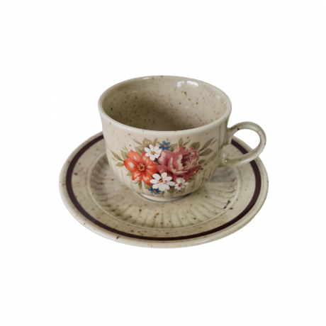 Чайная пара винтажное Winterling Marktleuthen Bavaria в бежевых тонах с крапинками и яркими цветами, керамика, Германия, 1960-70гг.