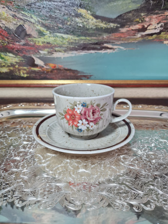 Чайная пара винтажное Winterling Marktleuthen Bavaria в бежевых тонах с крапинками и яркими цветами, керамика, Германия, 1960-70гг.