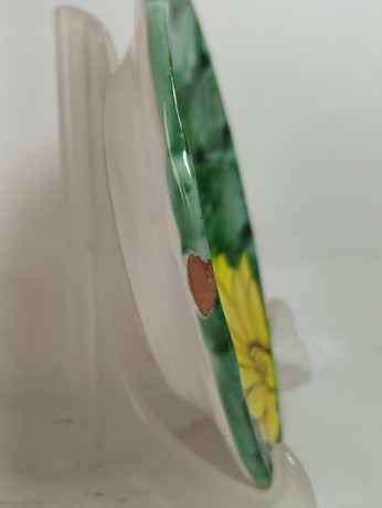 Тарелка декоративная винтажная Alimenti, с желто-зеленым декором, в стиле майолика, керамика, 20 см, Италия, 1960-70гг.