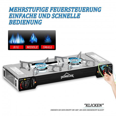 HOMELUX HOMELUX Gaskocher Edelstahl Campingkocher 2 flammig mit Gaskartuschen fur Grill Camper, (0-St), 2 x 2,5KW  Газовая плита HOMELUX походная из нержавеющей стали, 2 пламени с газовыми баллонами для кемпера-гриля, (0 шт.), 2 x 2,5 кВт