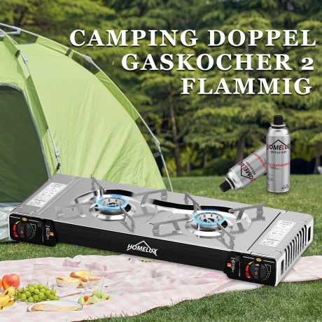 HOMELUX HOMELUX Gaskocher Edelstahl Campingkocher 2 flammig mit Gaskartuschen fur Grill Camper, (0-St), 2 x 2,5KW  Газовая плита HOMELUX походная из нержавеющей стали, 2 пламени с газовыми баллонами для кемпера-гриля, (0 шт.), 2 x 2,5 кВт