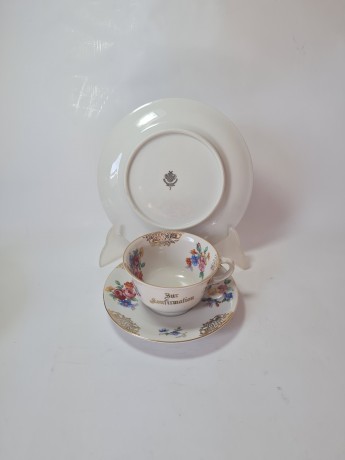 Чайное трио винтажное Schwarzenhammer с обильным позолоченным декором и букетами цветов, ручная роспись, Германия, 1960-70гг.