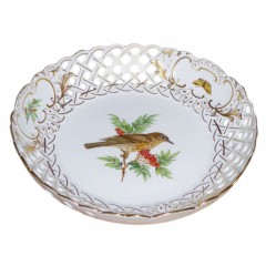 Meissen Meissen Neuer Ausschnitt - Vogel- und Insektmalerei leicht bunt mit Goldrand Schale mit Durchbruch 21 cm Мейсен Новый раздел - картина птиц и насекомых слегка красочная с золотым ободком чаша с прорывом 21 см