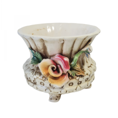 Ваза винтажная Bassano малая, на ножках, с желто-розовыми объемными цветами, керамика, 13 см, Италия, 1960-70гг.