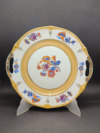 Блюдо винтажное Schumann Bavaria "Лютики"с ручками, сине-оранжевый цветочный декор, с позолотой, фарфор, 26 см, Германия, 1960-70гг.