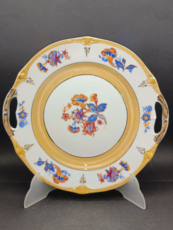 Блюдо винтажное Schumann Bavaria "Лютики"с ручками, сине-оранжевый цветочный декор, с позолотой, фарфор, 26 см, Германия, 1960-70гг.