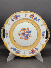 Блюдо винтажное Schumann Bavaria "Лютики"с ручками, сине-оранжевый цветочный декор, с позолотой, фарфор, 26 см, Германия, 1960-70гг.