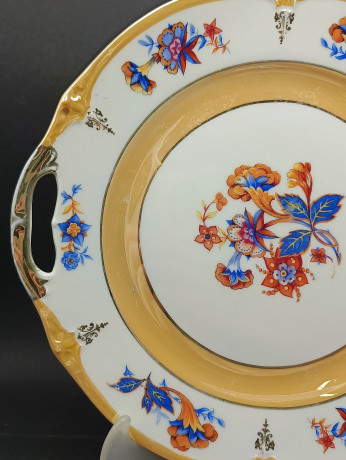 Блюдо винтажное Schumann Bavaria "Лютики"с ручками, сине-оранжевый цветочный декор, с позолотой, фарфор, 26 см, Германия, 1960-70гг.