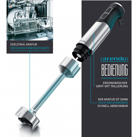 Arendo Arendo Stabmixer, 1000 W, Edelstahl Handmixer mit Messbecher, Purierstab, stufenlose Regelung  Ручной блендер Arendo, 1000 Вт, ручной миксер из нержавеющей стали с мерным стаканом, стержнем для пюре, бесступенчатое управление