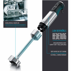 Arendo Arendo Stabmixer, 1000 W, Edelstahl Handmixer mit Messbecher, Purierstab, stufenlose Regelung  Ручной блендер Arendo, 1000 Вт, ручной миксер из нержавеющей стали с мерным стаканом, стержнем для пюре, бесступенчатое управление