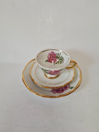 St. BAVARIA Винтажное Чайное трио "Розовые гвоздики" с позолотой Германия, 1960-70гг.