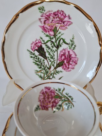 St. BAVARIA Винтажное Чайное трио "Розовые гвоздики" с позолотой Германия, 1960-70гг.