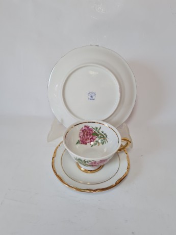 St. BAVARIA Винтажное Чайное трио "Розовые гвоздики" с позолотой Германия, 1960-70гг.