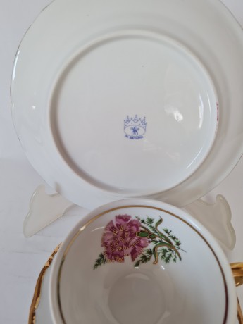 St. BAVARIA Винтажное Чайное трио "Розовые гвоздики" с позолотой Германия, 1960-70гг.