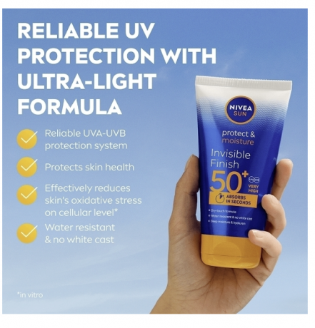 NIVEA SUN Sonnenmilch invisible finish, Schutz & Pflege, LSF 50+, Солнцезащитный лосьон с невидимым финишем, защита и уход, SPF 50+, 150 мл