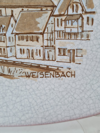 Тарелка декоративная винтажная Bezirkassparkasse Gernsbach с изображением Вайзенбаха, керамика, 19 см, Германия, 1960-70гг.