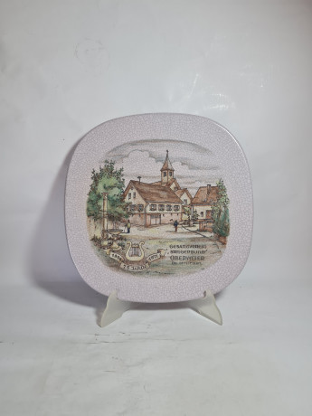 Тарелка декоративная винтажная Karlsruhe / Majolika с кракелюром "Sangerbund 75 лет", ручная роспись, керамика, 30 см, Германия, 1988 г.