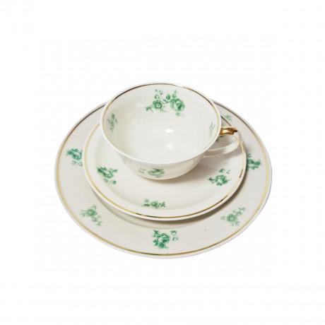 Zeh Scherzer Bavaria Винтажное чайное трио "Зеленые цветы" с позолоченным ободком, Германия, 1960-70гг.