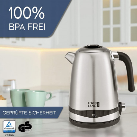 Lebenlang Lebenlang Wasserkocher Edelstahl mit Digitalanzeige, Temperatur frei wahlbar Digital, Automatik, 1.7 l, 2200,00 W, Touch + Stufenlose Temperatureinstellung fur TEE Babynahrung uvw.  Чайник на всю жизнь из нержавеющей стали с цифровым дисплеем, с