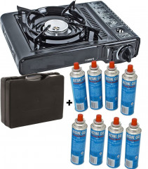 JUNG JUNG Gaskocher mobiler Campingkocher Gaskocher + 8 Kartuschen Gas, Autark verwendbar, (Gaskocher Notfall, Kartuschenkocher, Butangaskocher, praktischem Transportkoffer, erhitzen  aufwarmen Lebensmittel), mobiler Gaskocher, Outdoor geeignet Camping Ko