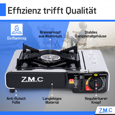 ZMC ZMC Gaskocher Edelstahl Gaskocher 1-flammig + Aufbewahrungskoffer + 4x Gaskartuschen, (Butangas Campingkocher fur Innenraum/Outdoor, Campinggaskocher 2,2 kW mit Piezozundung), Kochfeld Herd Gaskocher mit Kartusche, Gaskochfeld fur Camping Газовая пли
