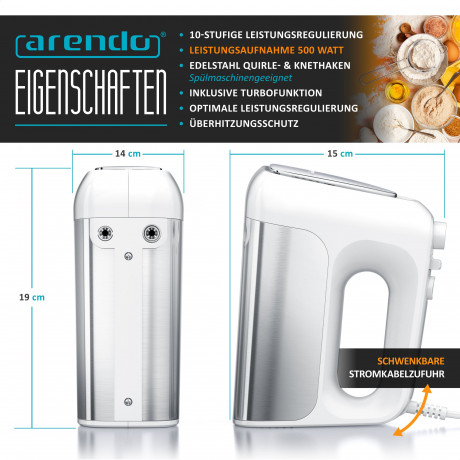 Arendo Arendo Handmixer, 500 W, Elektrischer Handruhrer inkl. 2 Quirle  2 Knethaken, Handruhrgerat  Ручной миксер Arendo, 500 Вт, электрический ручной миксер, включая 2 венчика и 2 крюка для теста, ручной миксер