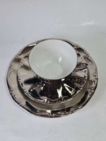 Чайное трио винтажное Kronester Bavaria, серебристо-белый фарфор, Германия, 1960-1970гг.