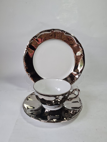 Чайное трио винтажное Kronester Bavaria, серебристо-белый фарфор, Германия, 1960-1970гг.