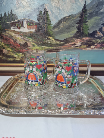 Кружка пивная винтажная W.Germany с ярким декором "Влюбленная парочка", стекло, 0.5 л, 2 шт., 14,5 см, Германия, 1960-70гг.