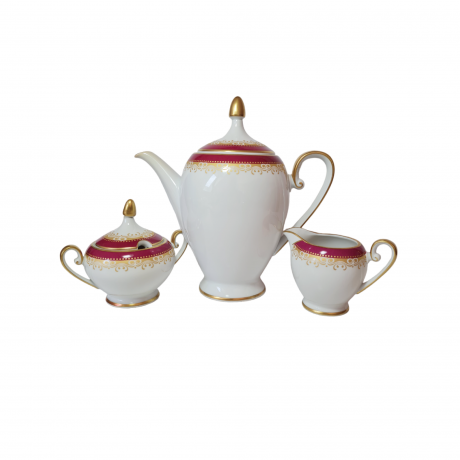 Hutschenreuther Arzberg Bavaria Набор фарфоровый в красных тонах с золотым узором: чайник, молочник, сахарница, Германия, 1960-70гг.