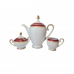 Hutschenreuther Arzberg Bavaria Набор фарфоровый в красных тонах с золотым узором: чайник, молочник, сахарница, Германия, 1960-70гг.