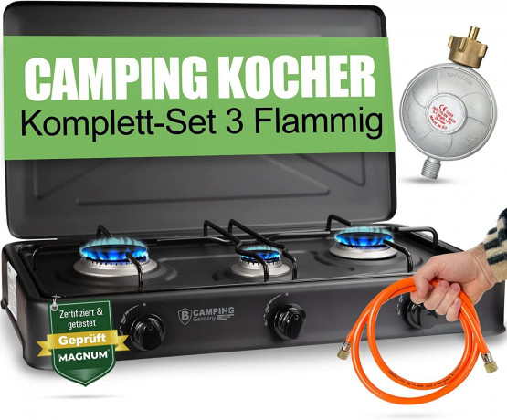 Magnum Wave Magnum Wave Gaskocher MAGNUM Trio 3- Flammiger Campingkocher, (Camping-Set, 1-St., Ideal fur Camping und Angeln), Gaskocher Trio inkl. Gasschlauch Campingkocher  Газовая плита Magnum Wave MAGNUM Trio походная печь с 3 пламенем, (походный набор