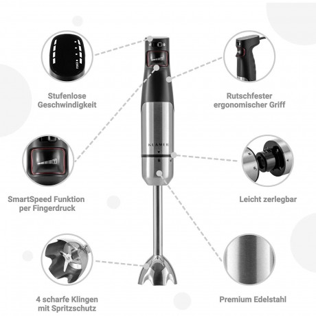 KLAMER KLAMER Stabmixer KLAMER Stabmixer Set 1000 Watt, 4 in 1 Purierstab Edelstahl mit Smart…  Ручной блендер KLAMER Набор ручных блендеров KLAMER мощностью 1000 Вт, очищающий стержень 4 в 1 из нержавеющей стали с…