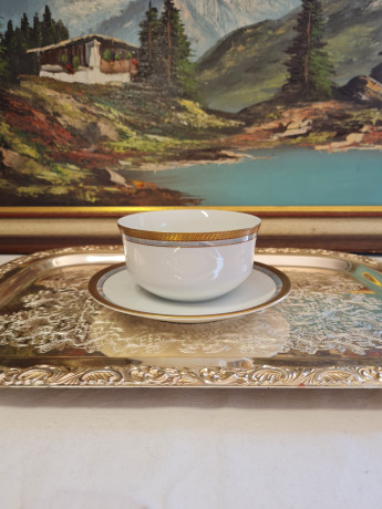 Набор посуды PMR Bavaria Jaeger & CO, белый фарфор с золотым декором, чаша+тарелка, 17 x 8 см, Германия, 1960-70гг.