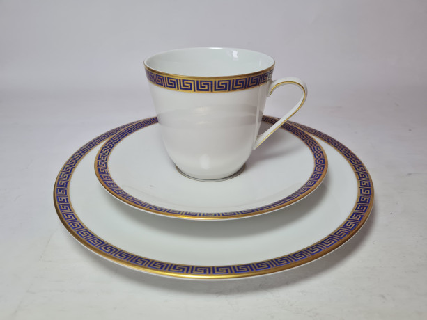 Чайное трио винтажное PMR Jager & Co Bavaria, белый фарфор с золотисто-голубым узором, 9,5 x 7 см / 15 см / 20,5 см, Германия, 1960-70гг.